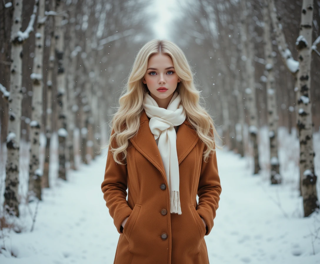 雪中樺樹林裡身穿陶土色大衣的金髮女子