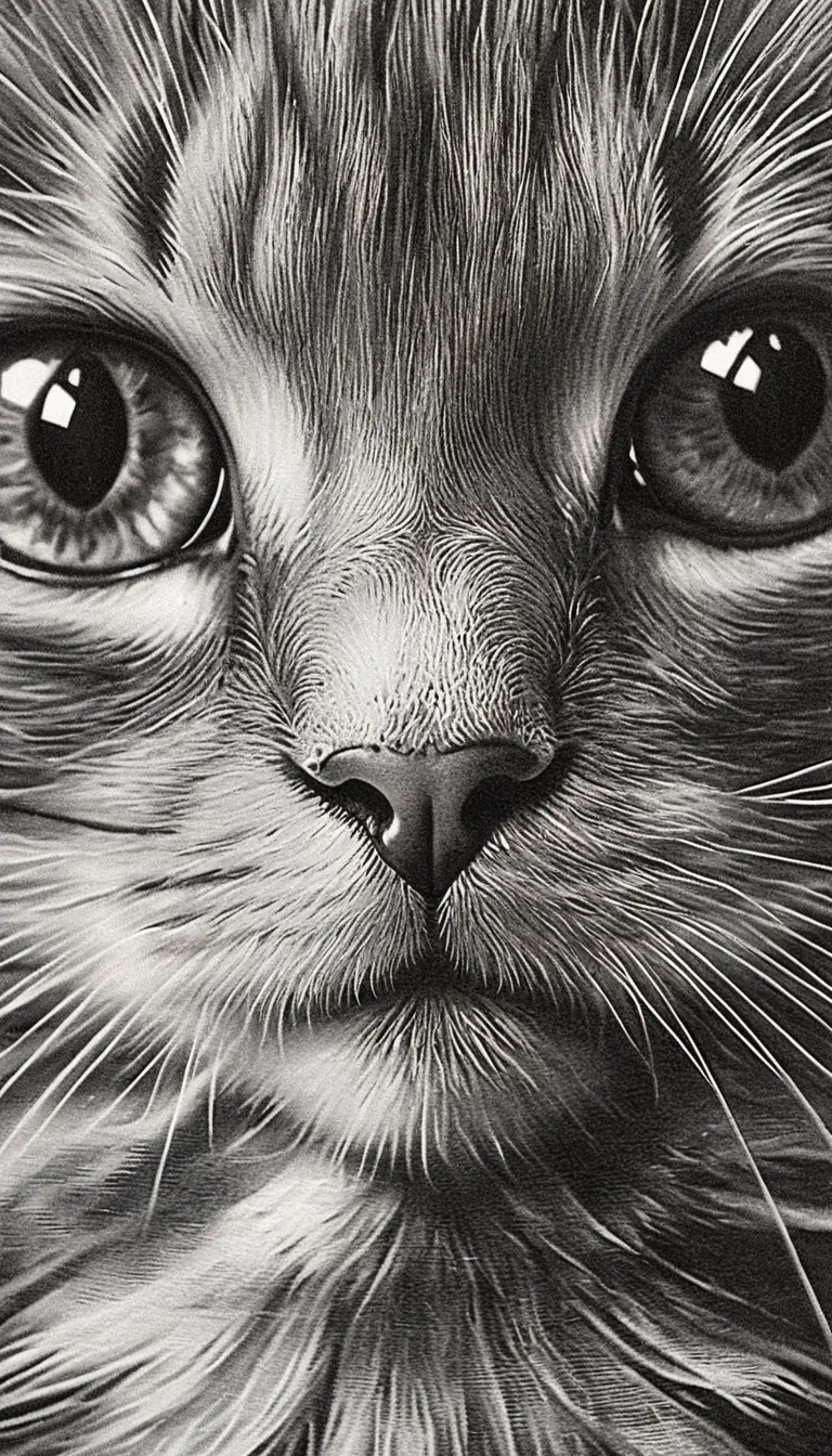 Extreme close up scratchboard portrait of a black cat