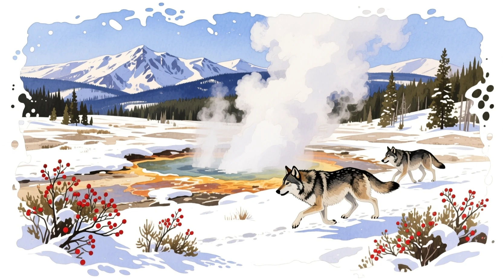 Watercolor wolves hunting in snowy Yellowstone hot spring landscape