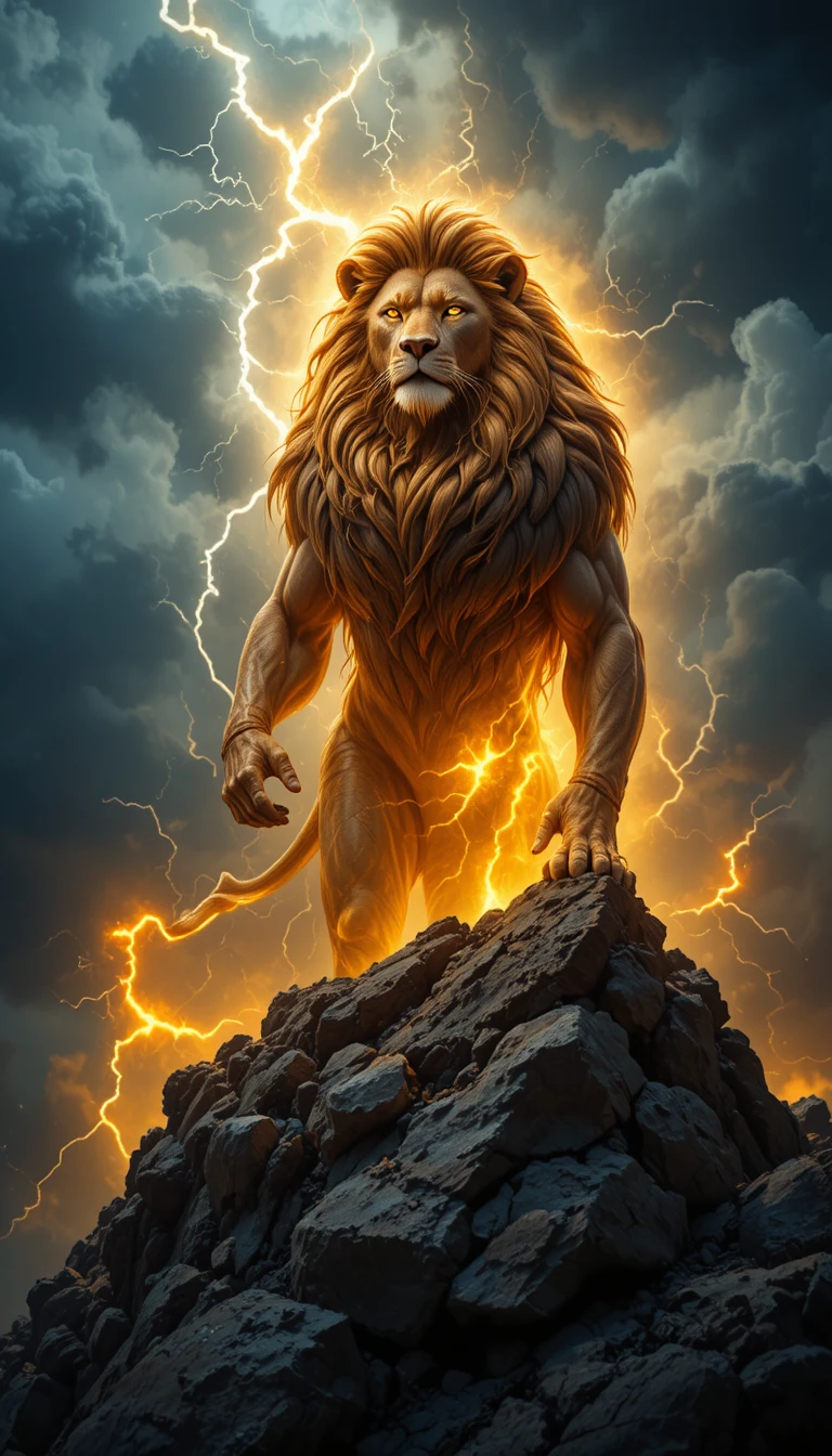 Majestic lion standing on rocky peak in stormy sky