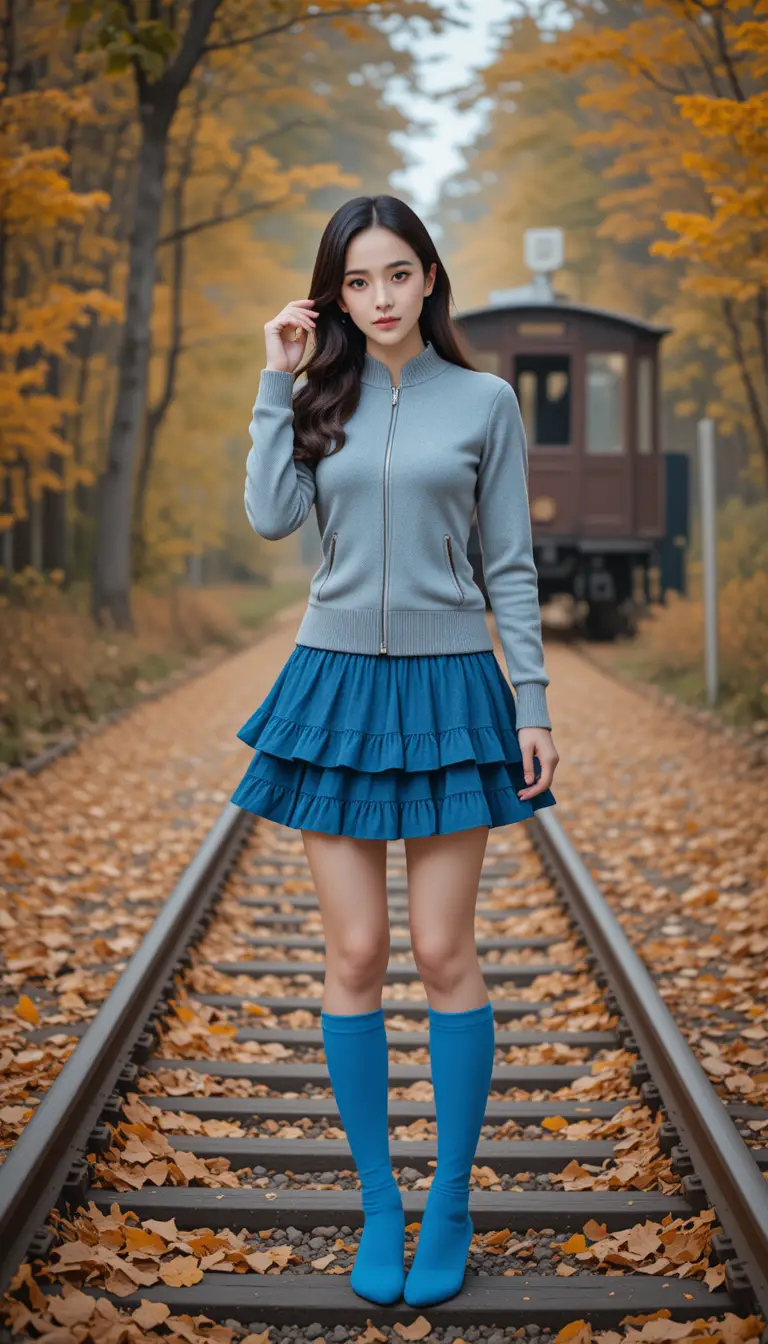 Young woman posing on vintage railway tracks in autumn
