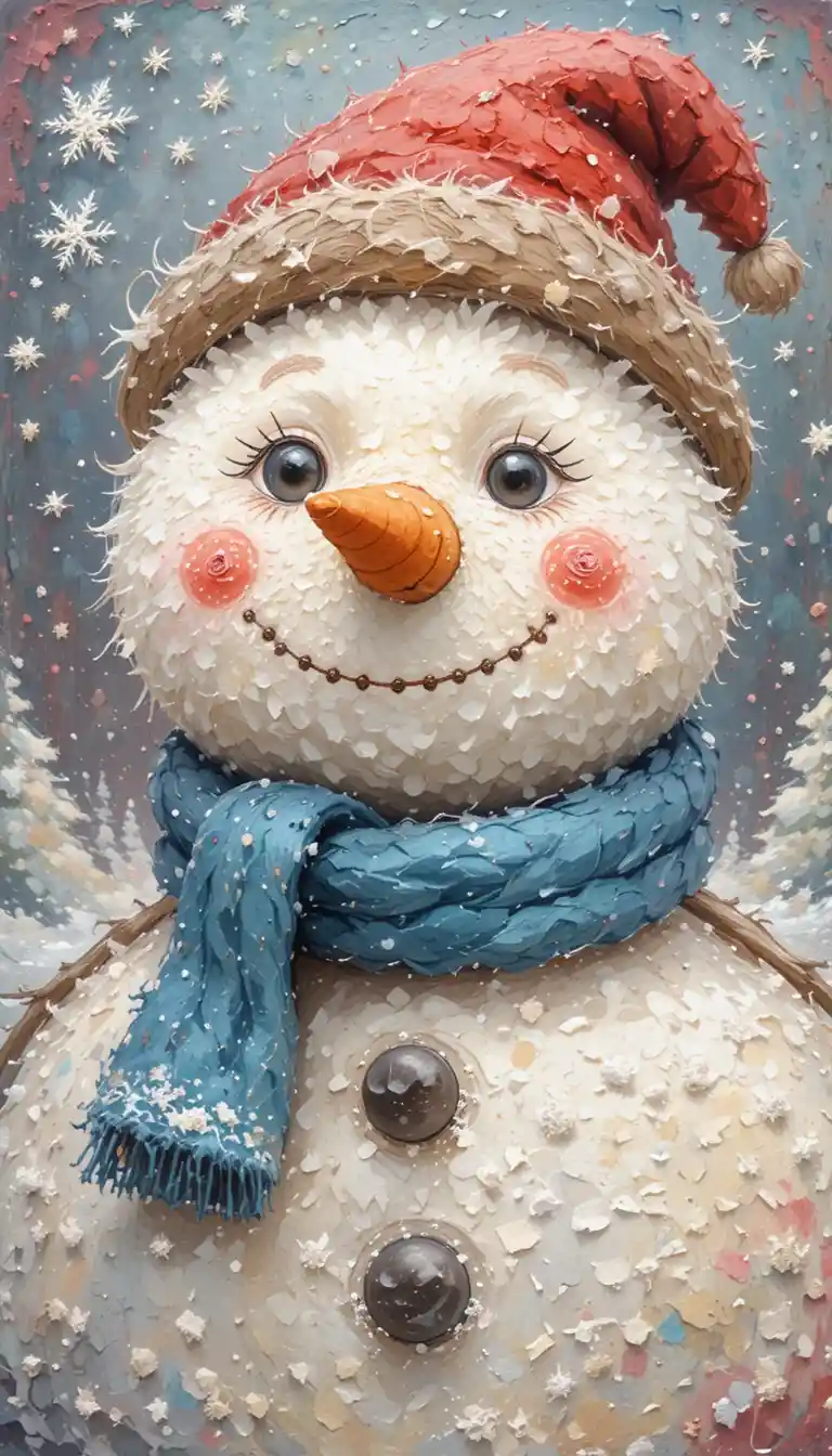 Joyful fluffy snowman in a soft pastel winter scene