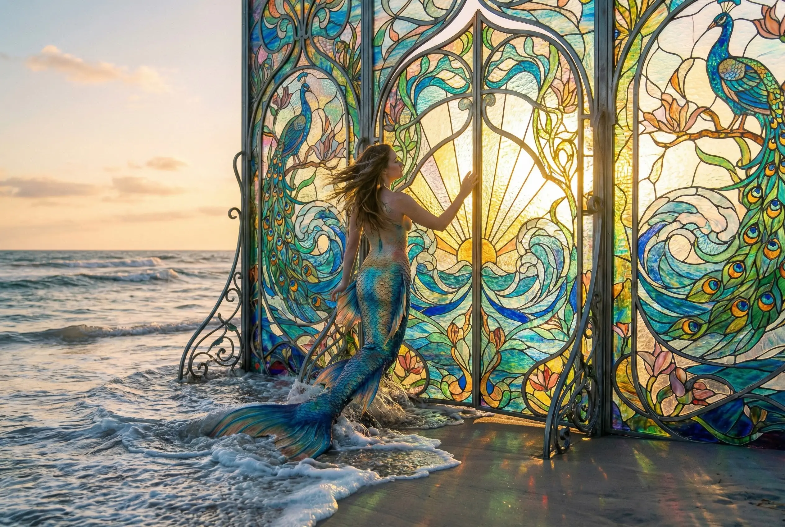 Mystical mermaid emerging onto a beach before a glass palace