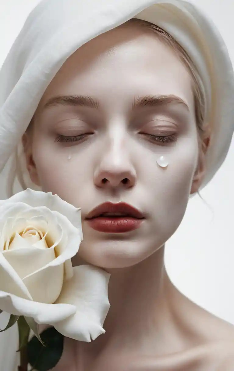Close-up surreal de um rosto de porcelana com rosa branca
