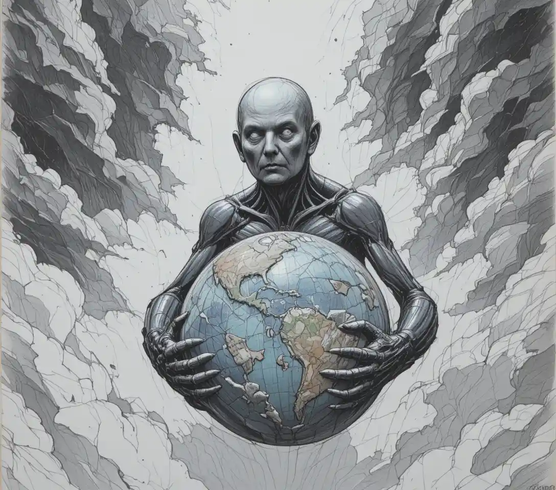 Alien biomécanique étreignant la Terre dans un espace orageux
