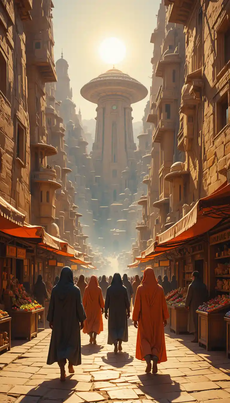 Robed figures walking through a sunlit fantasy canyon market