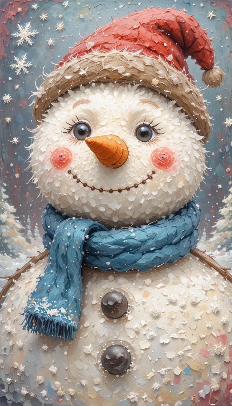 Joyful fluffy snowman in a soft pastel winter scene
