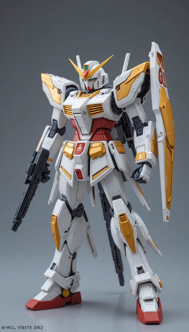 Gold and white gundam model kit on display stand