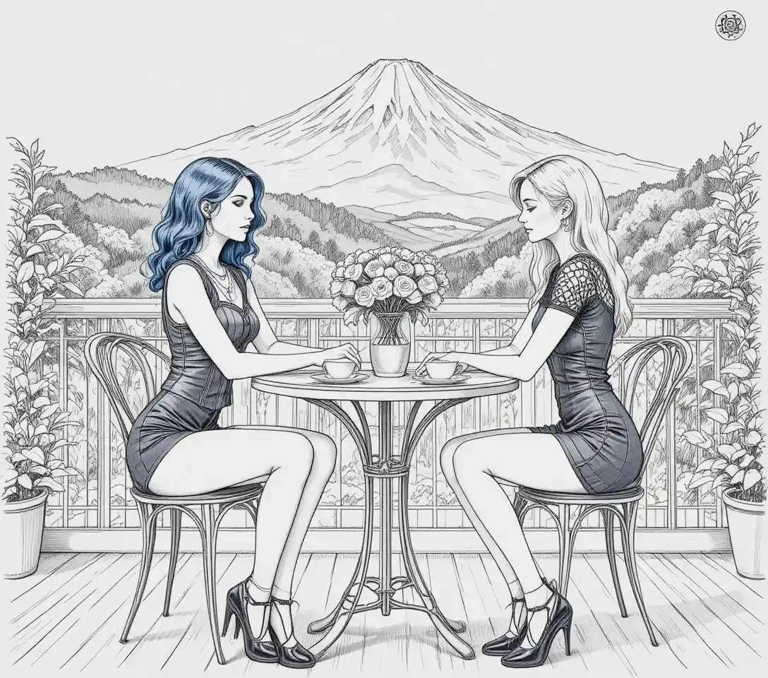 Two stylish women relaxing at a terrace table