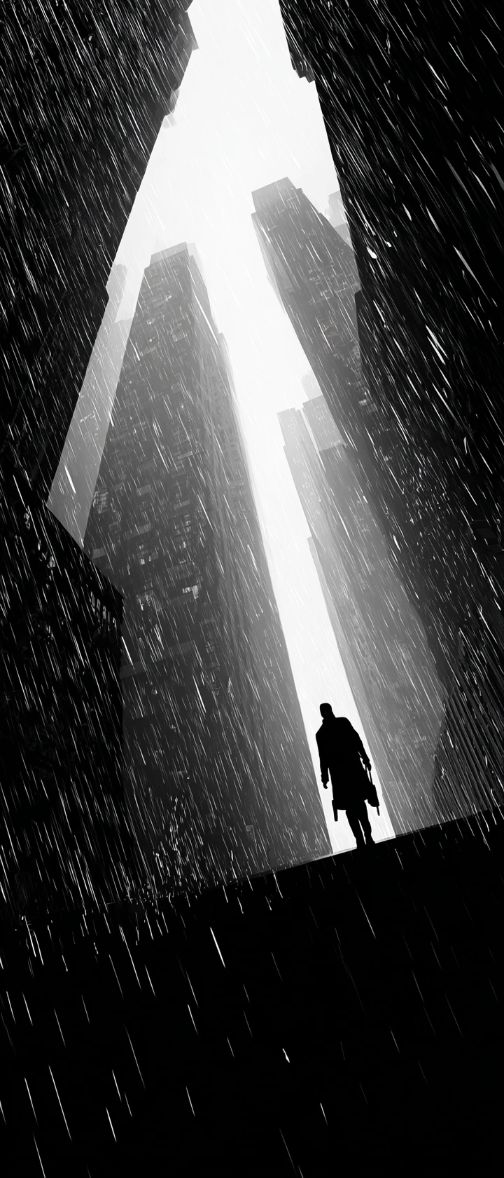 Lone silhouette walking through towering noir city in rain