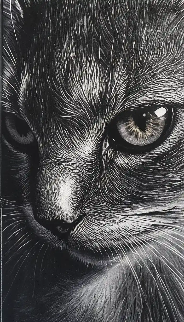 黒猫の超クローズアップ・スクラッチボード肖像画