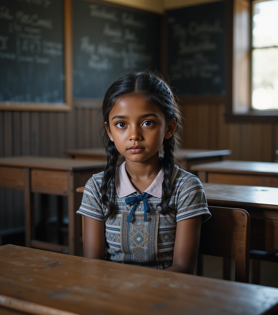 Jeune fille pensive écoutant dans une salle de classe simple