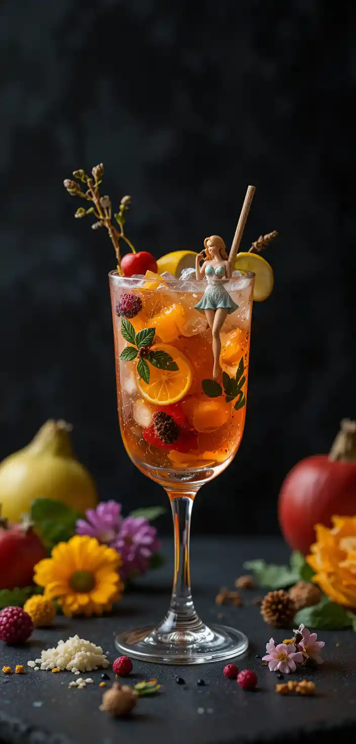Exotic fruit cocktail with tiny realistic woman swimmer