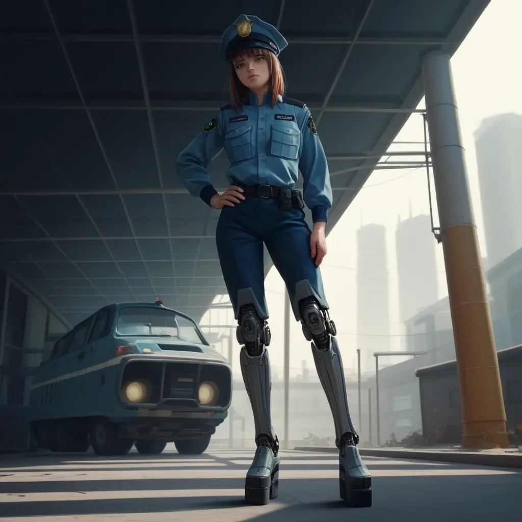Cybernetic police woman on alien city platform