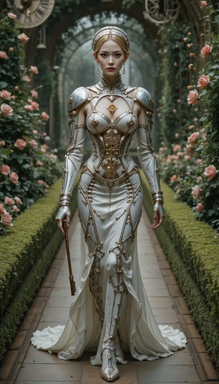 Elegant steel clad noblewoman in a surreal clockwork garden