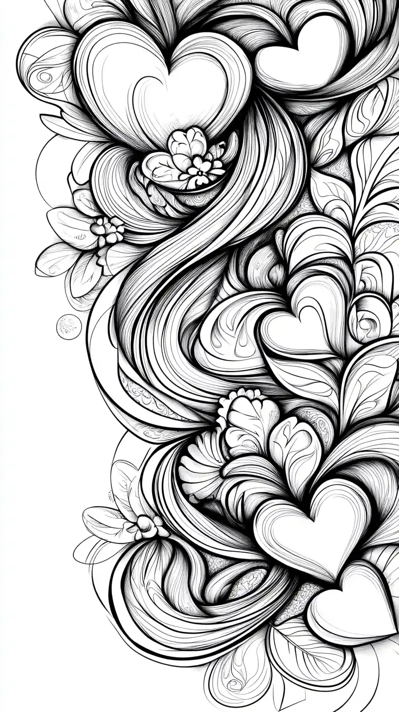 Arte lineal abstracto de corazones y flores para colorear