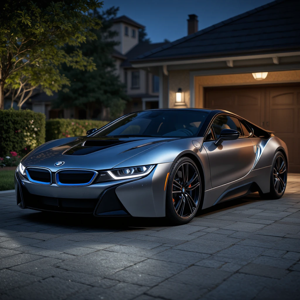 Dark silver sports car parked on a quiet driveway at night