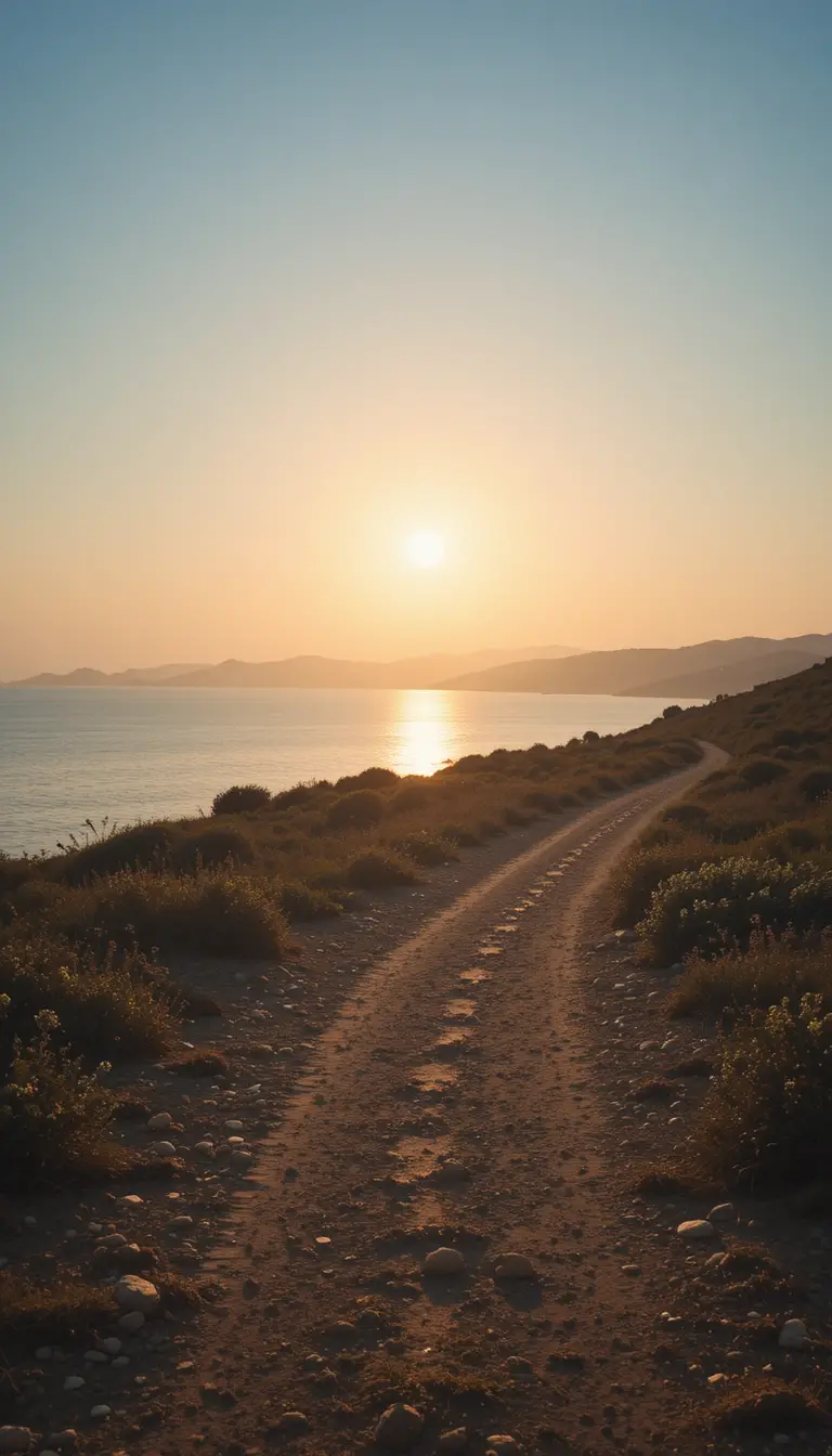 Dirt path by the sea leading into soft sacred light