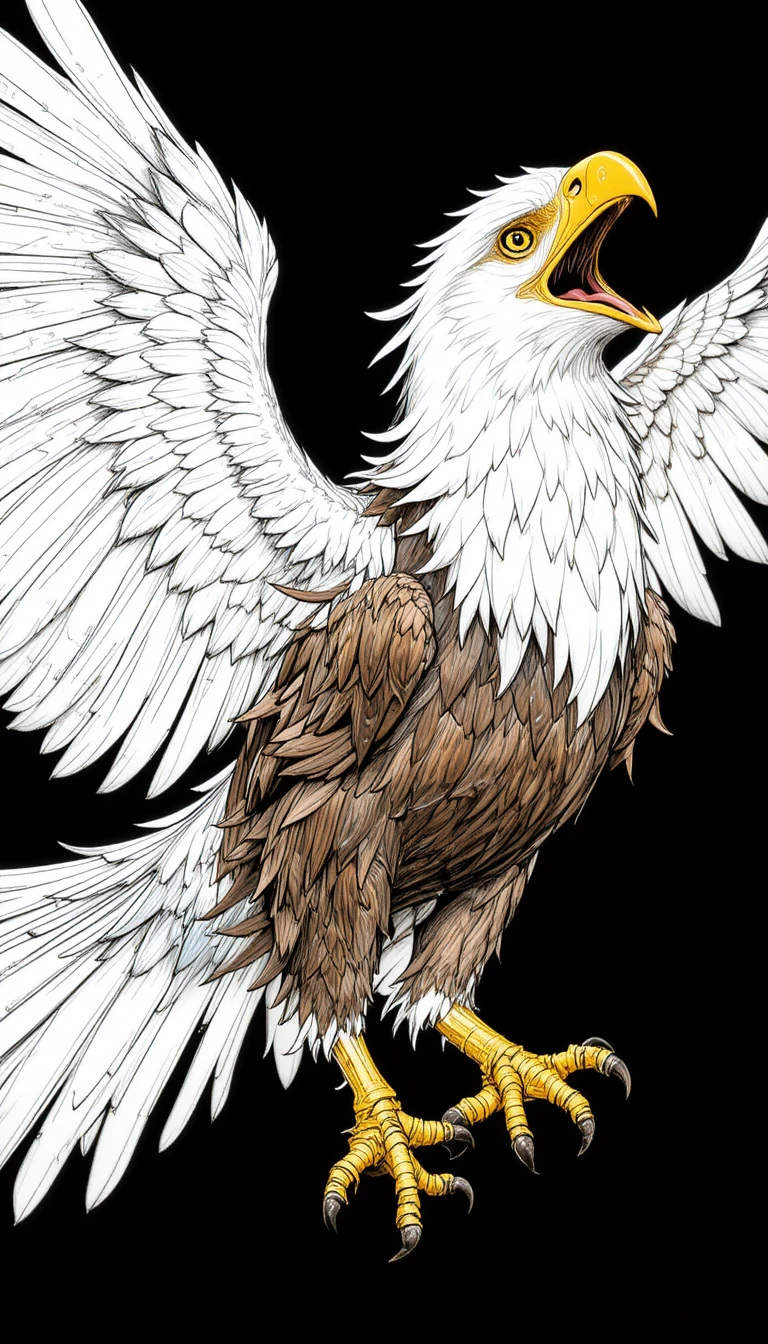 Aquila di mare testabianca che attacca in volo su sfondo nero