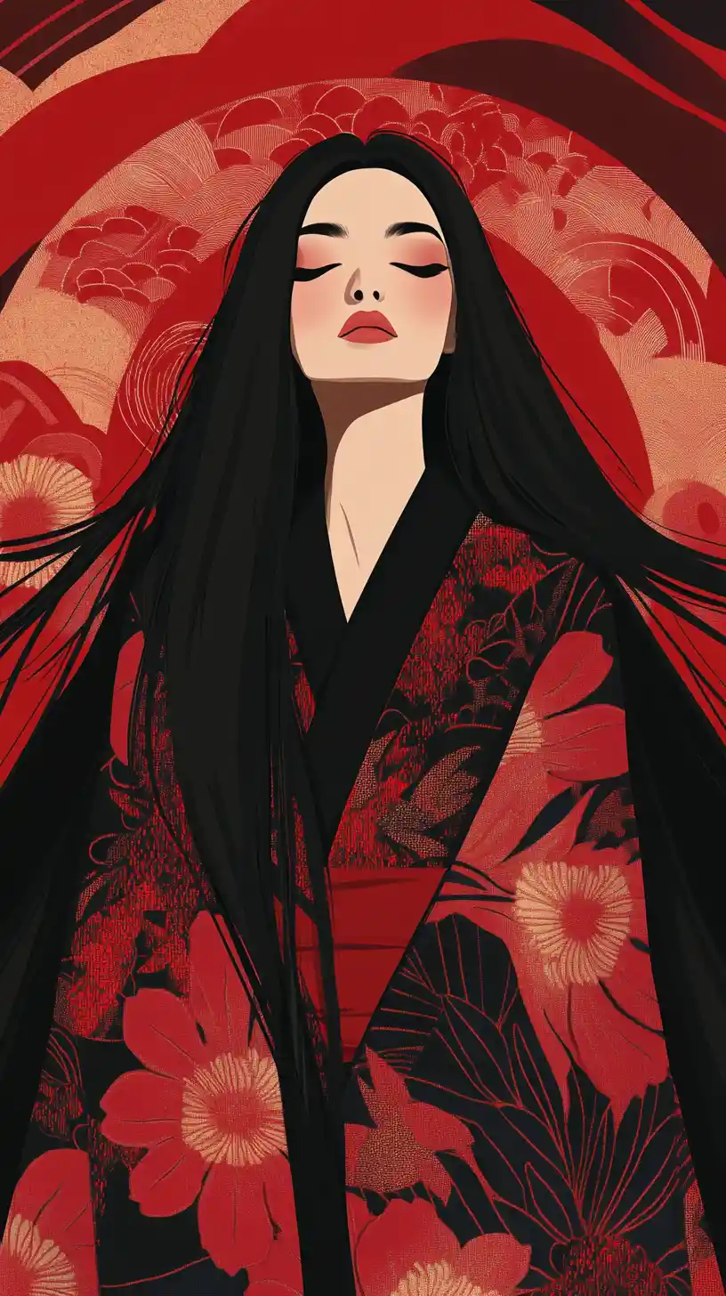 Mujer japonesa con kimono rojo en contemplación pacífica