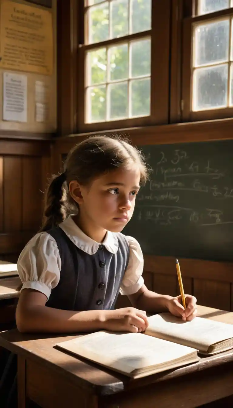 Young schoolgirl listening quietly in a sunlit classroom