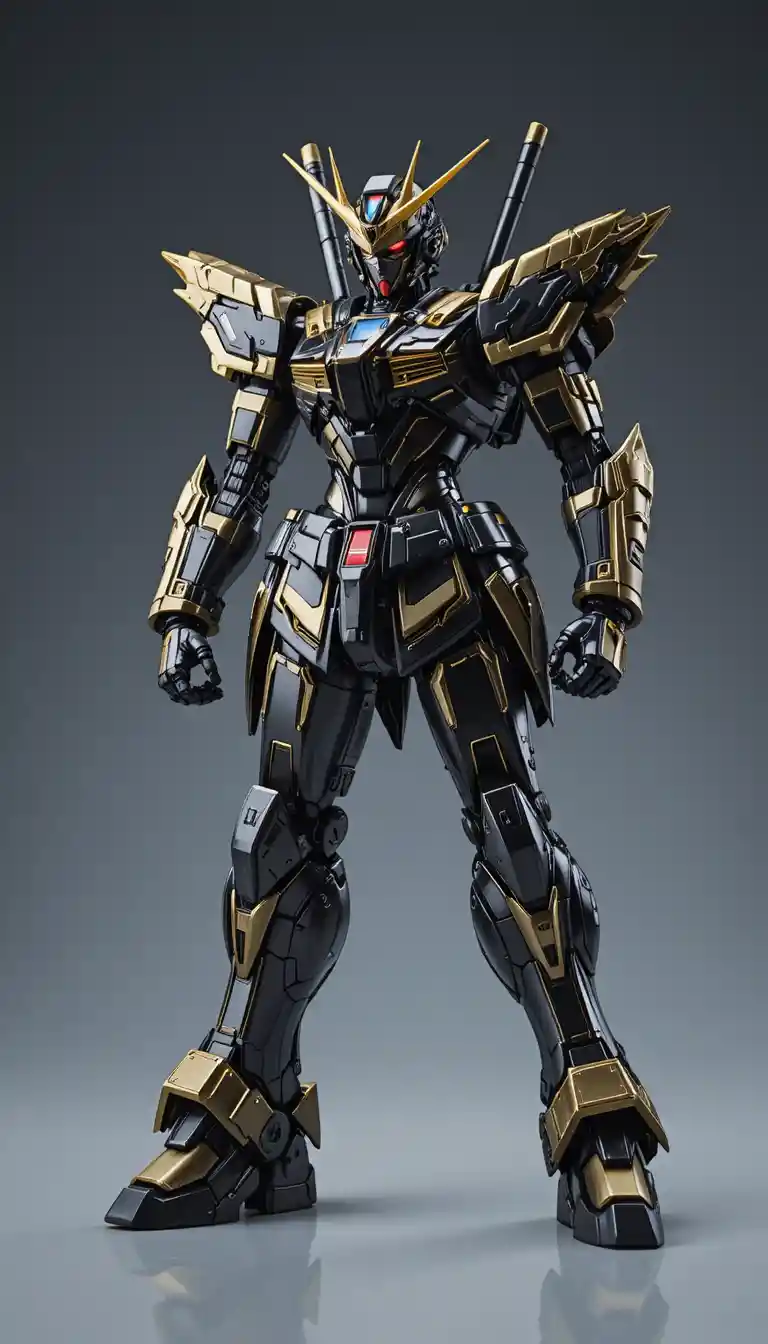Figura mecha dorada y negra bajo iluminación de estudio