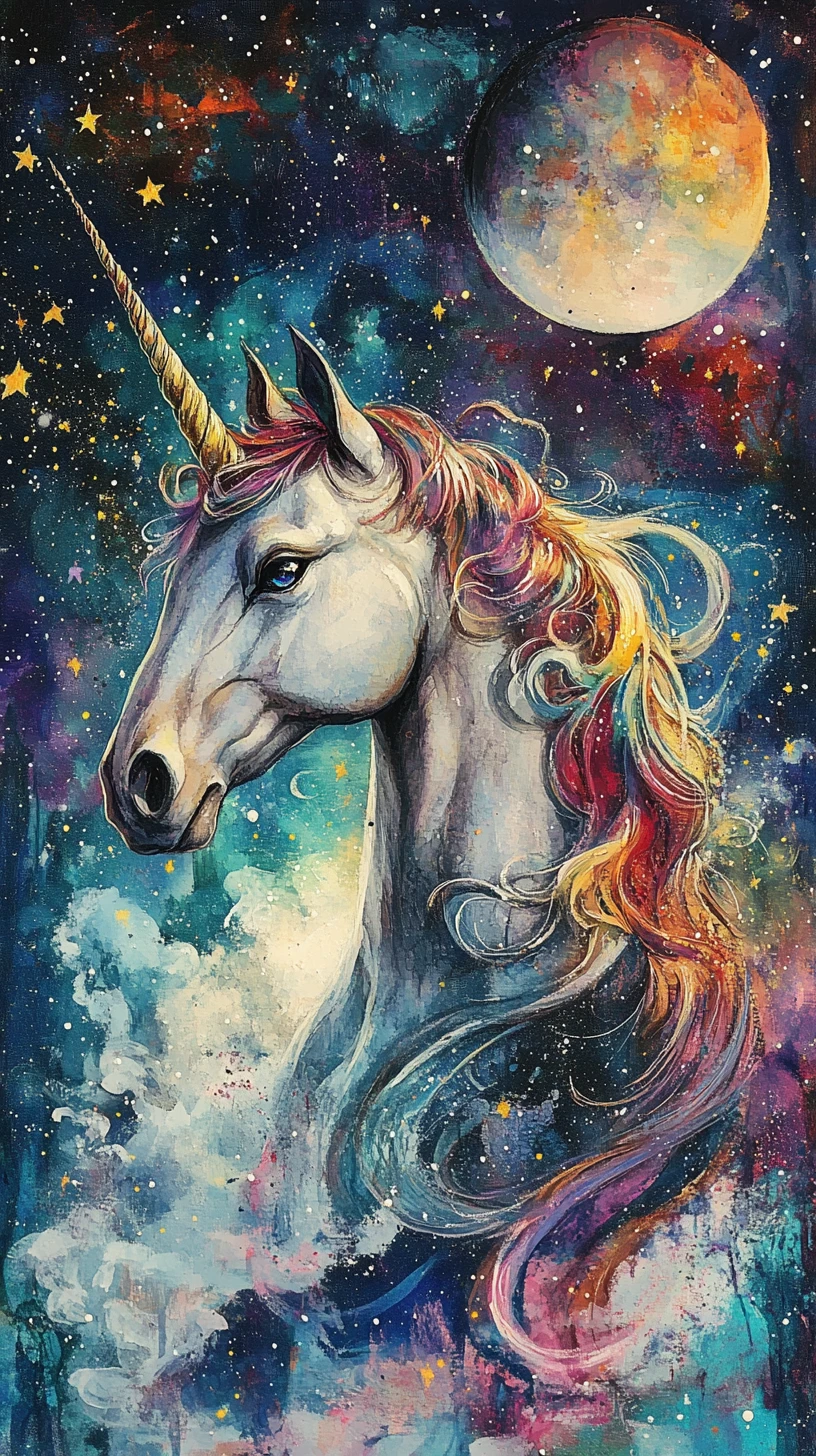 Retrato em aquarela de unicórnio sob um céu estrelado mágico