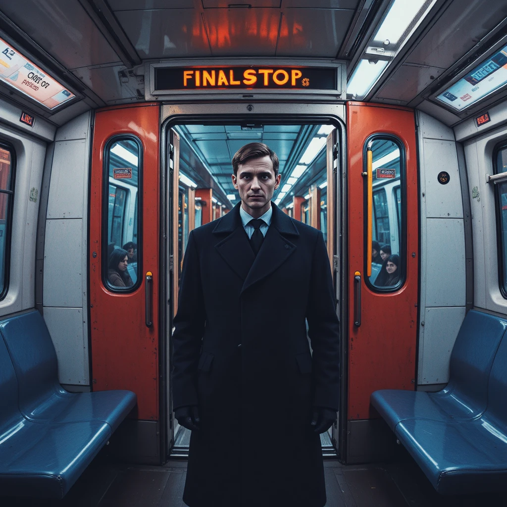 Empty late night train with a silent man in black coat