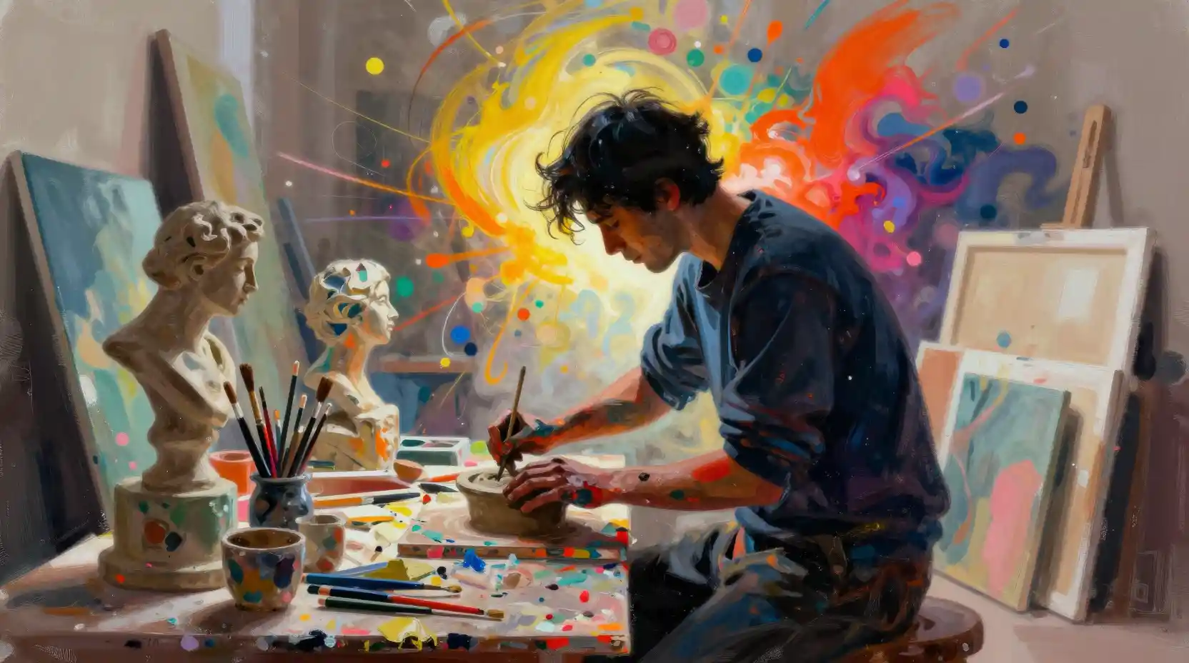 Silhouetted artist creating amid swirling color and light