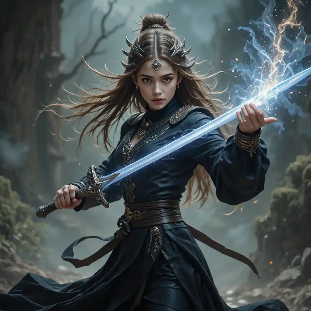 Guerreira espiritual de vestido preto empunhando uma espada brilhante