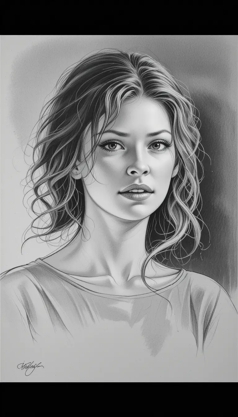 Charcoal portrait of a serene young woman on gray paper