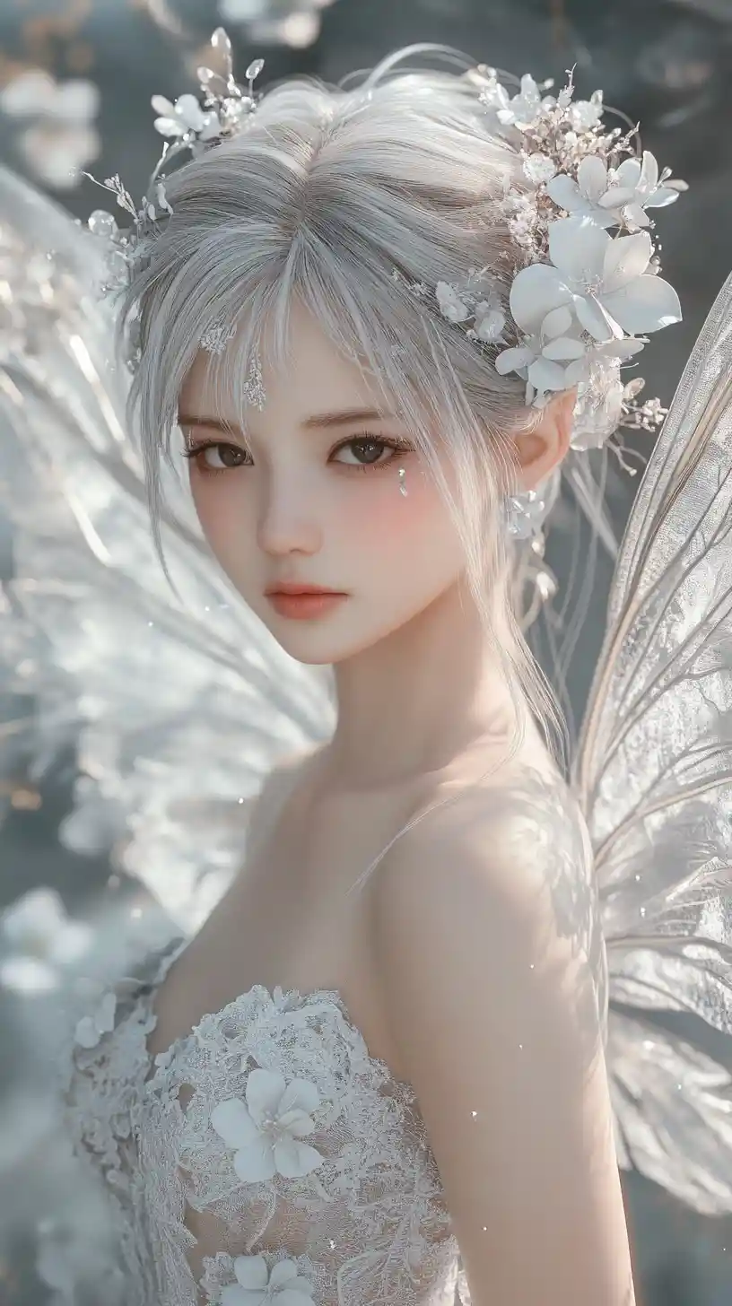 Elegant fairy girl portrait with silvery hair and lace dress