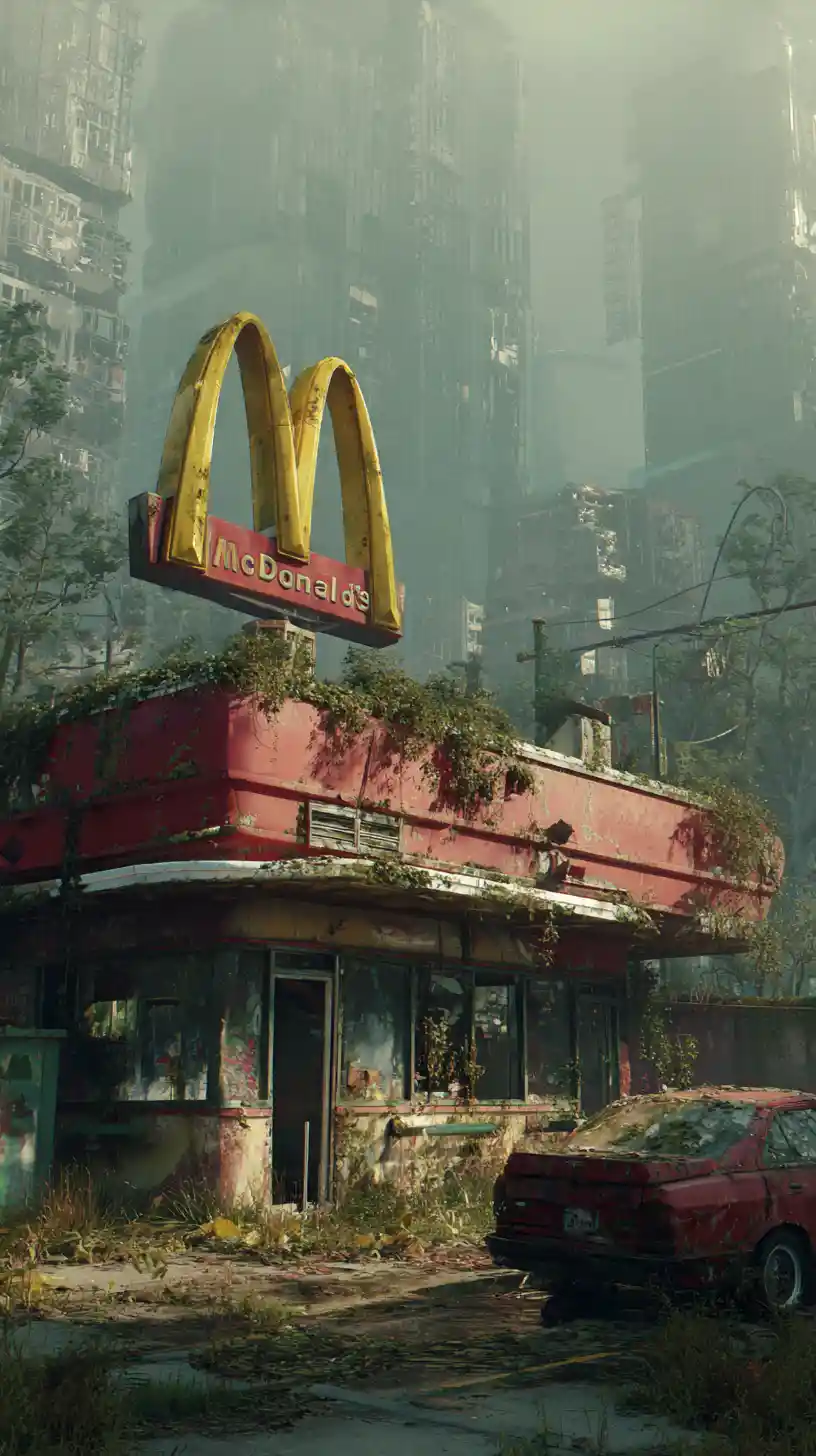 Abandoned fast food restaurant overtaken by vines and decay