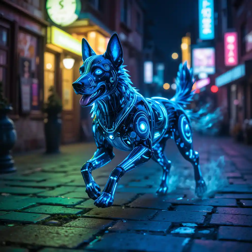 Blue cyber german shepherd running in a retro night scene