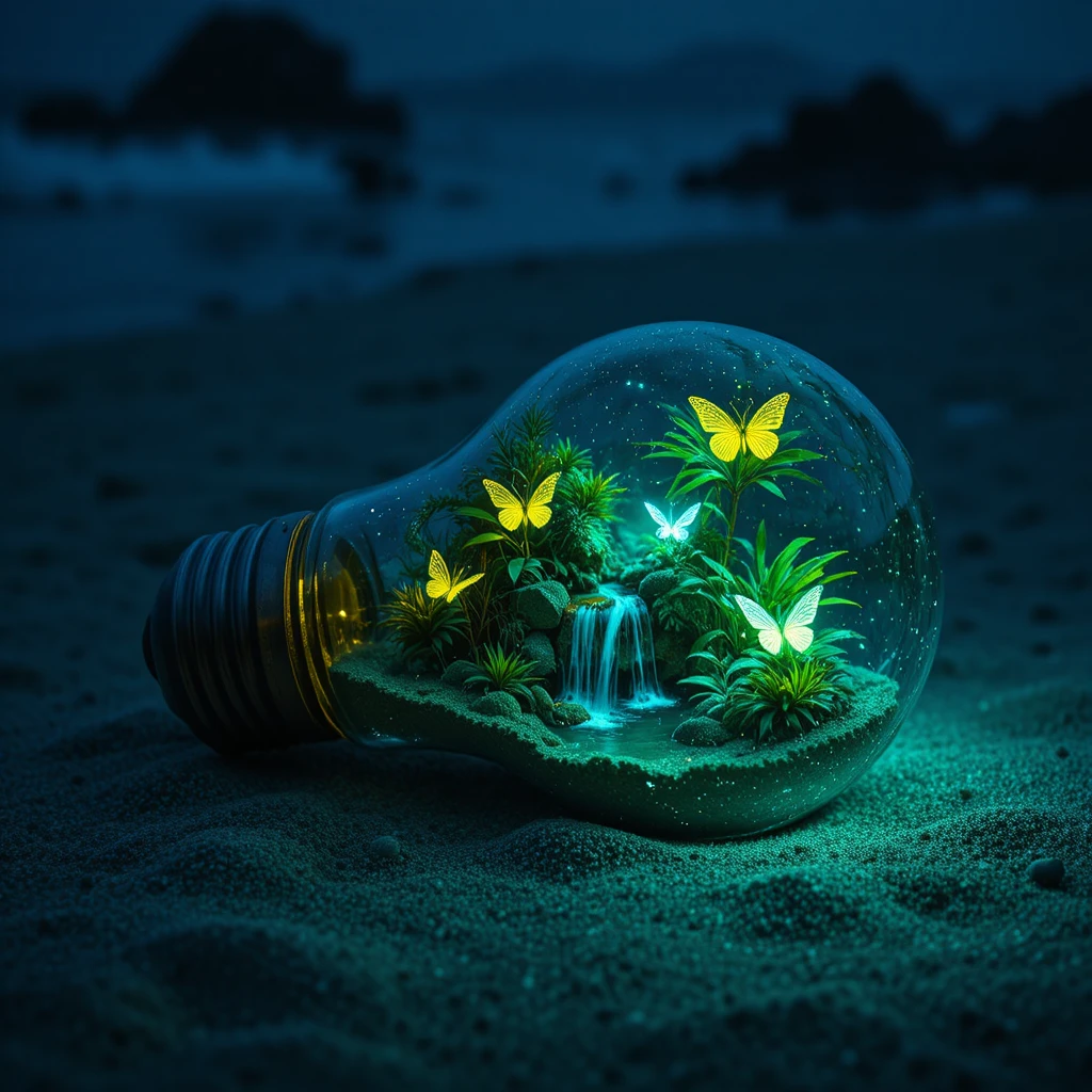 Vintage bulb with tiny rainforest glowing on dark beach