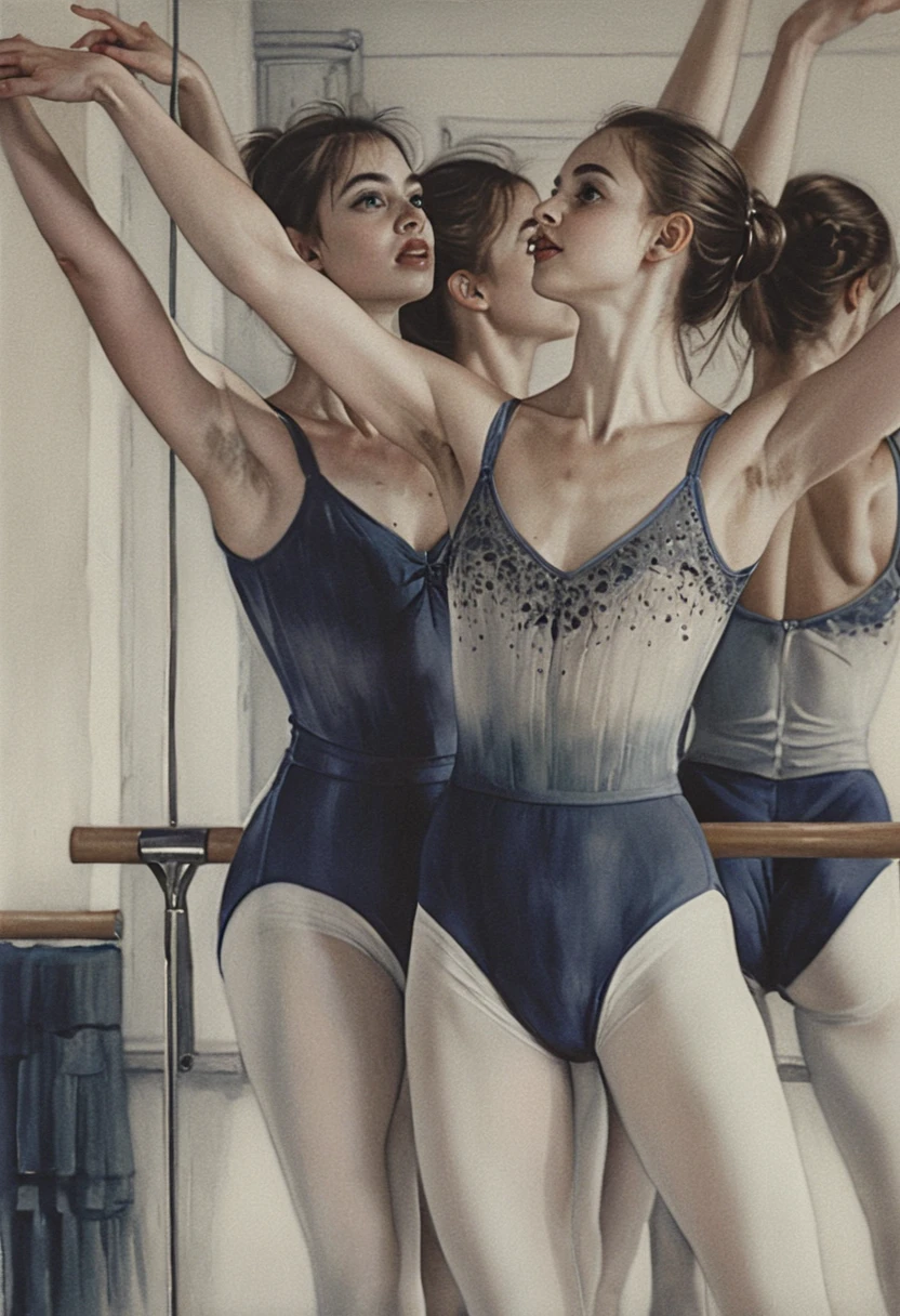 Three young ballerinas practicing at the studio barre