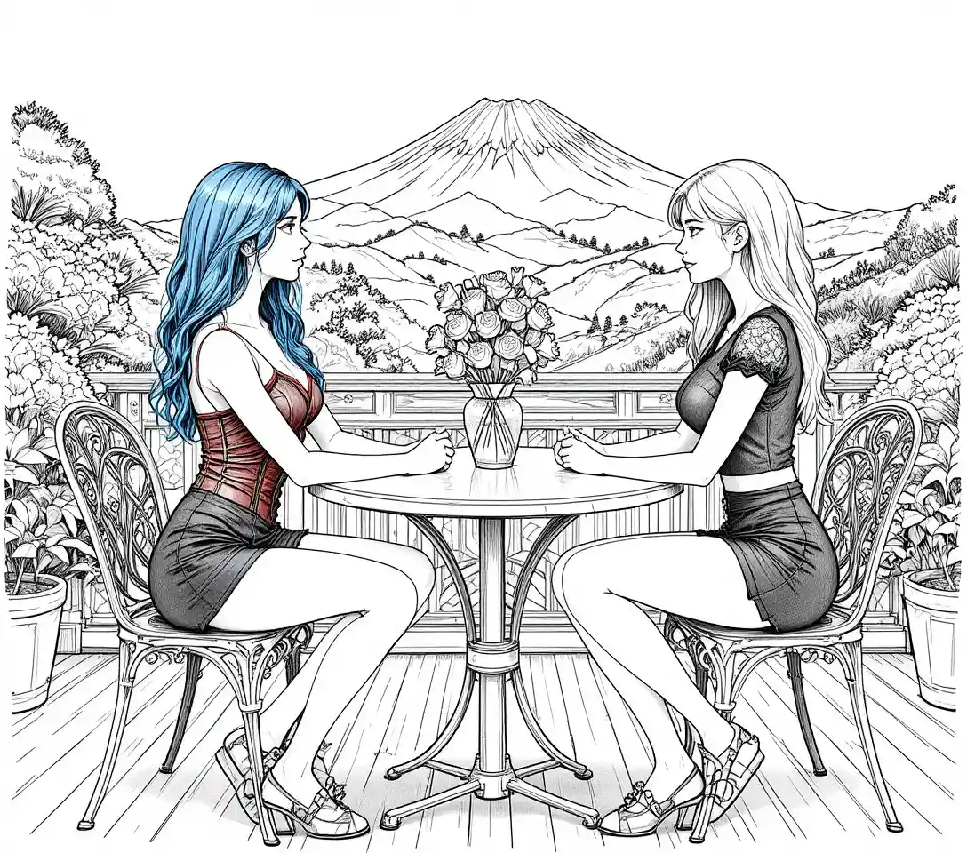 Two stylish young women at a terrace table with flowers