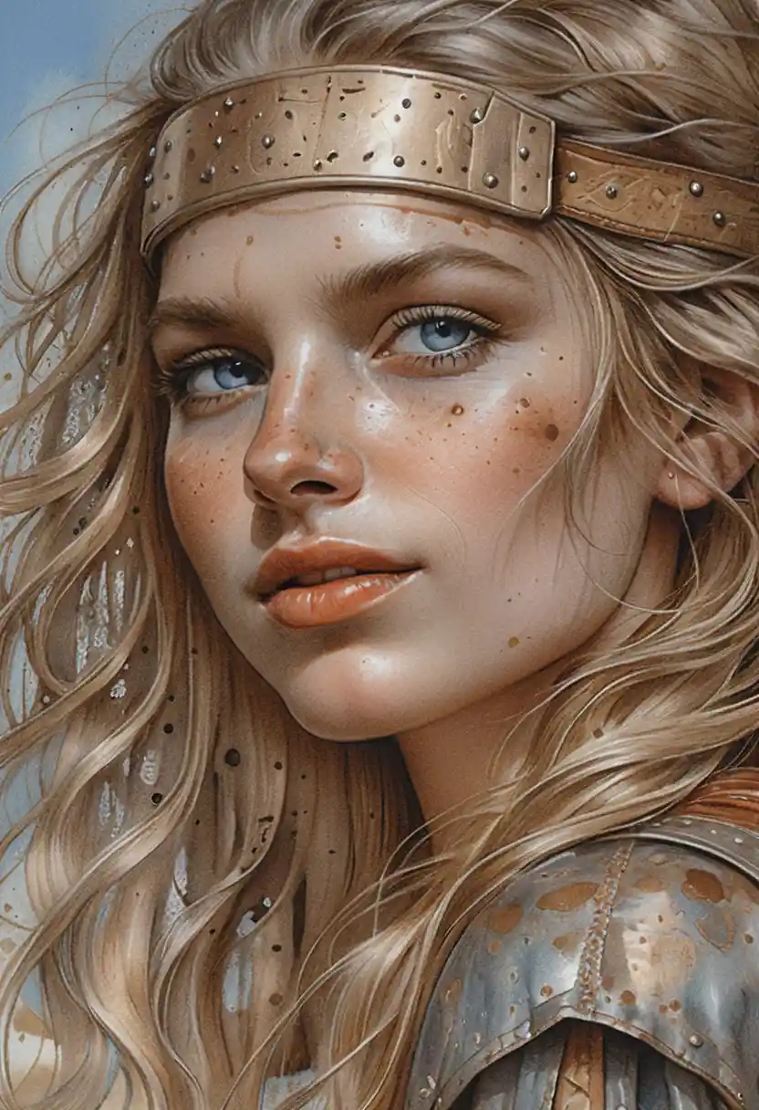 Portrait d’une guerrière aux cheveux blond cendré balayés par le vent
