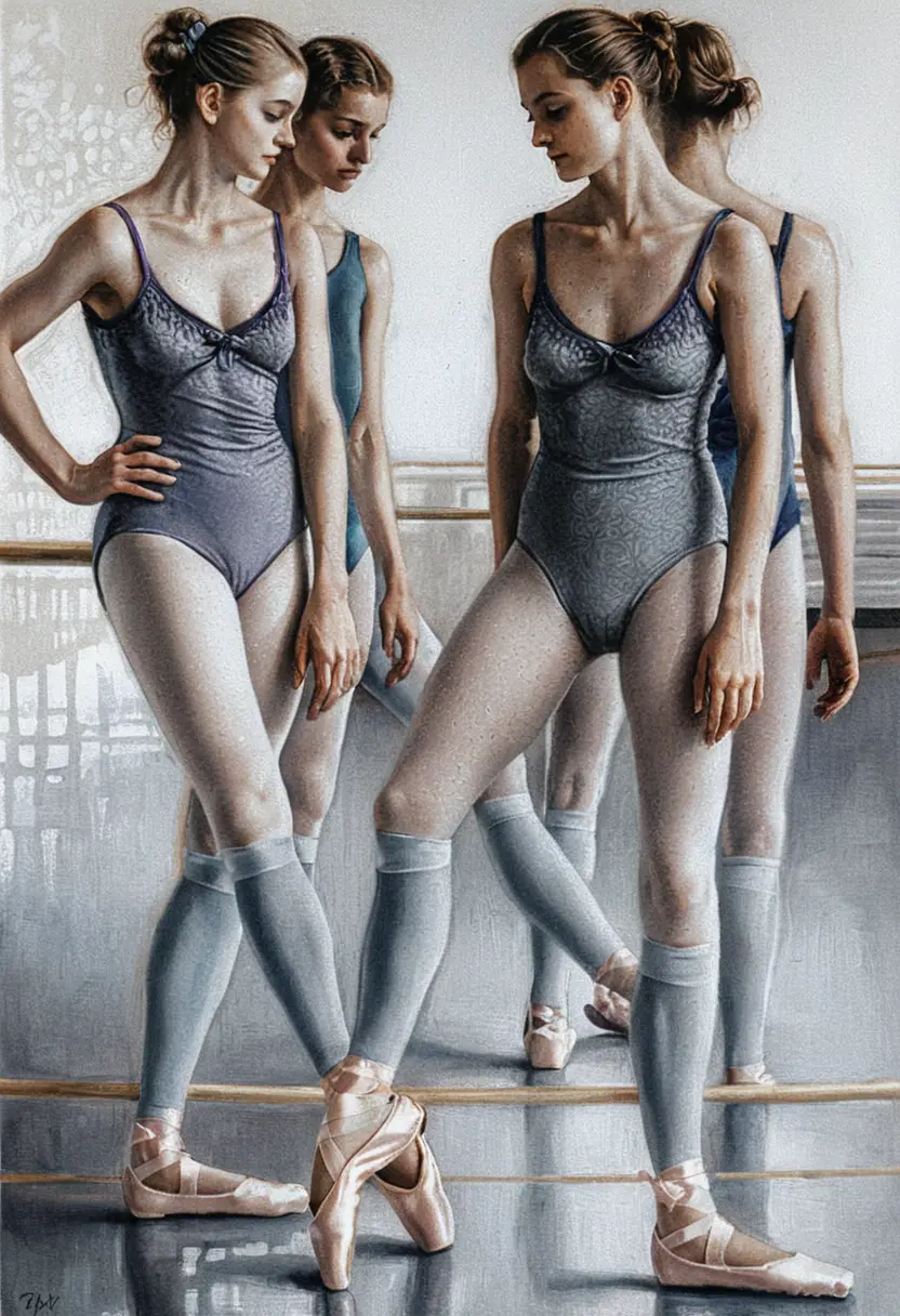 Three young ballerinas at the barre in a quiet studio