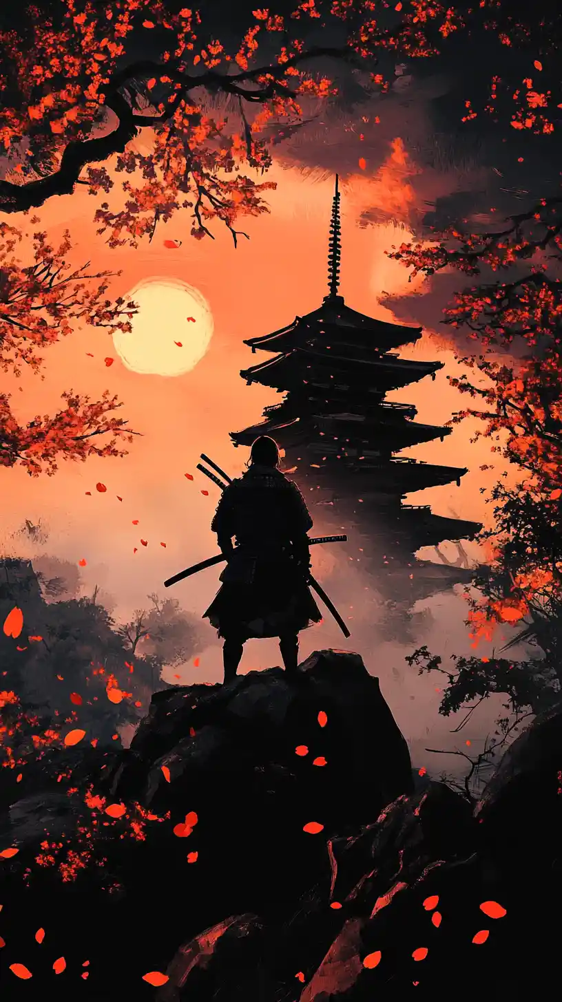 Samurai Overlooking Pagoda At Dusk With Falling Cherry Blossoms
