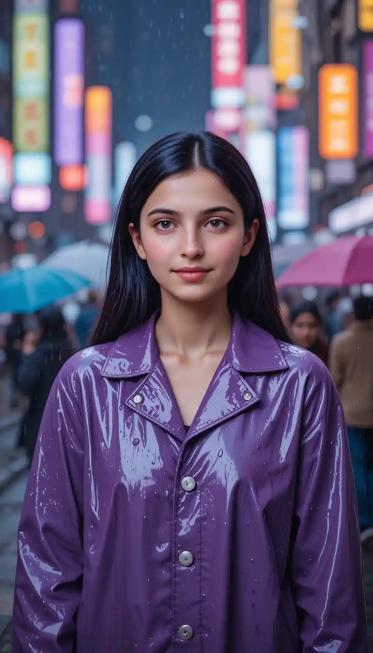 Jeune femme en imperméable violet dans une rue urbaine néon