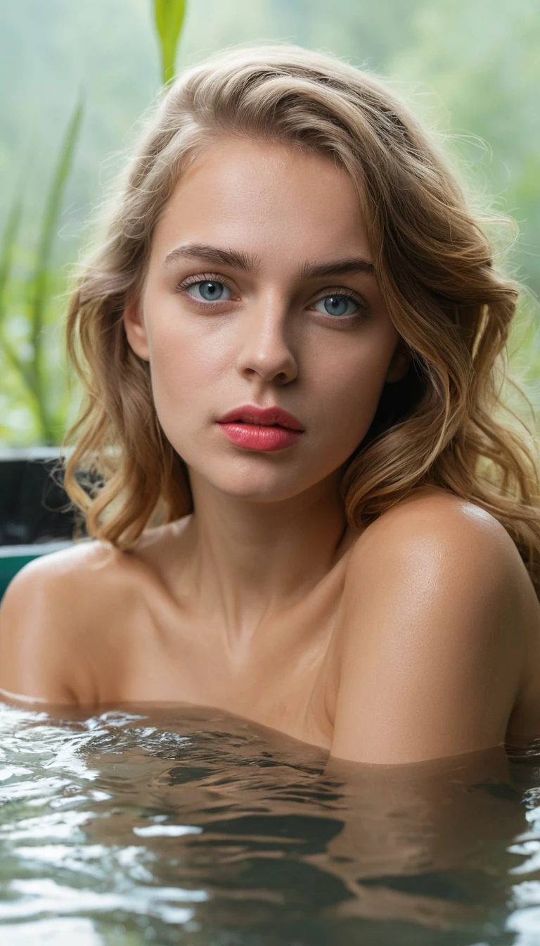 Sensual fantasy woman relaxing in a steaming wooden bath
