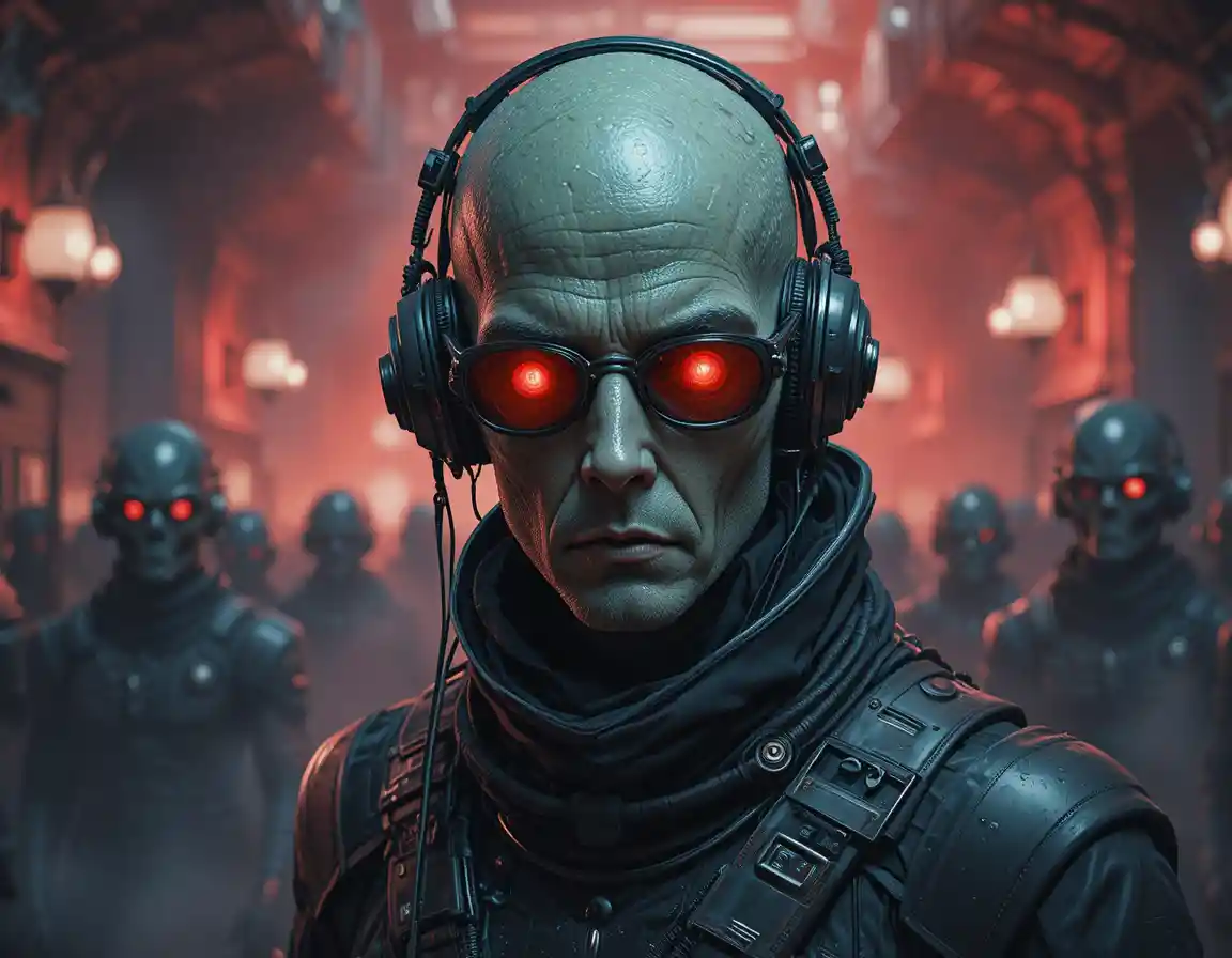 Aged humanoid alien in red glowing glasses portrait