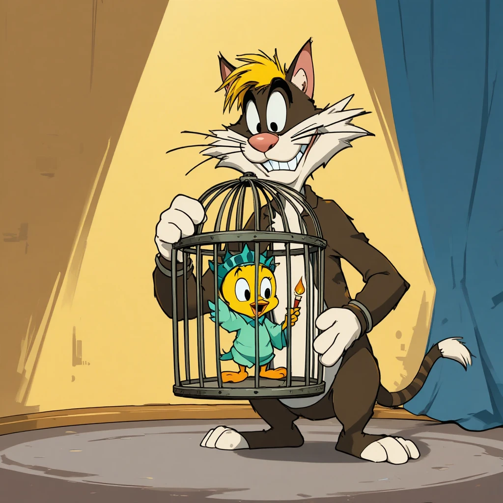 Vintage cartoon cat holding a caged statue canary