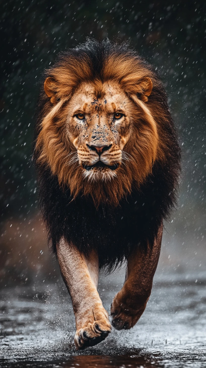 Roaring male lion walking in heavy rain toward camera
