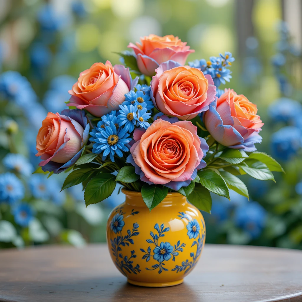 Rosas coloridas en un florero de cerámica amarillo sobre madera