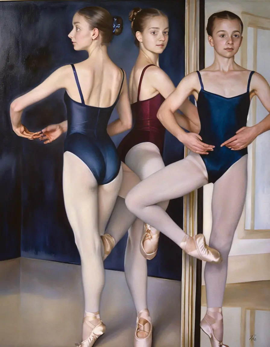 Three young ballerinas at the barre in a quiet studio