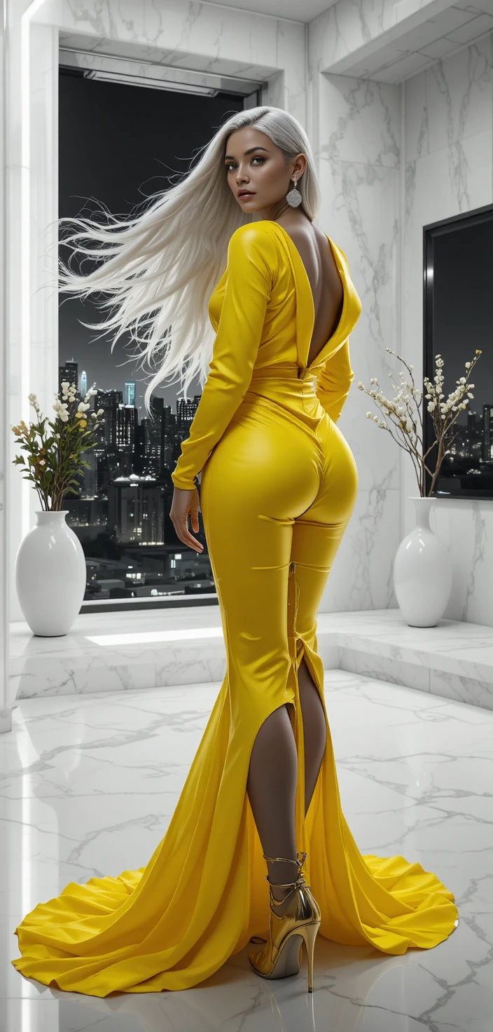 Blonde bodybuilder in neon blazer posing in white office