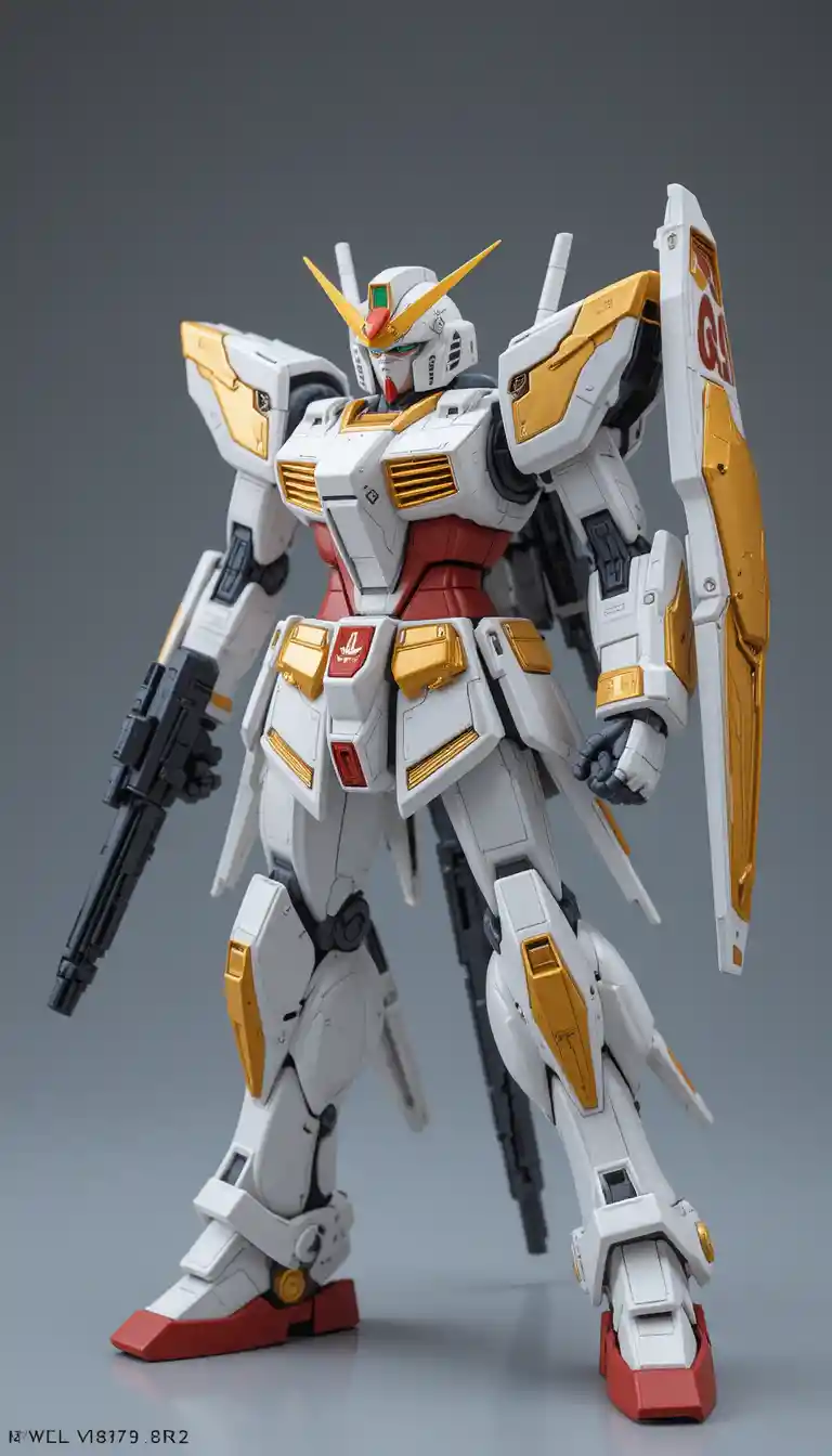 Gold and white gundam model kit on display stand
