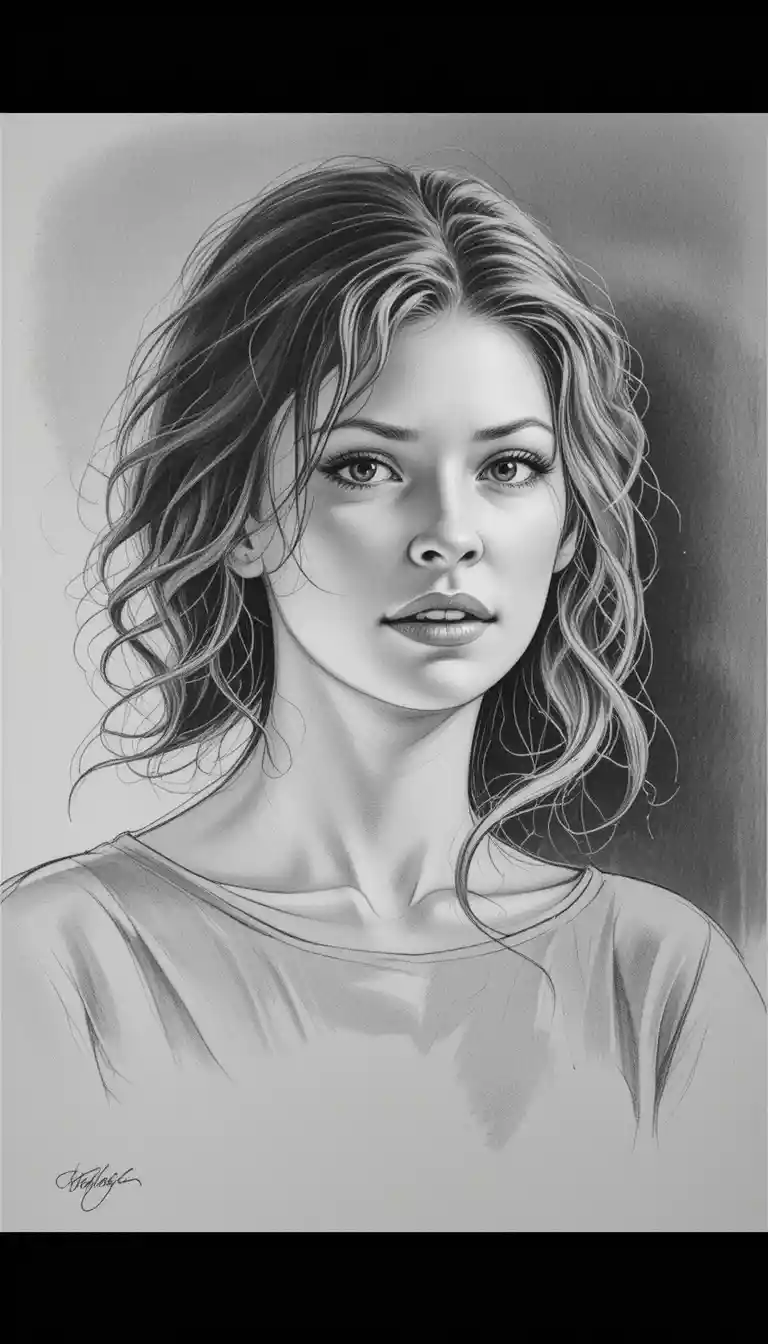 Charcoal portrait of a serene young woman on gray paper